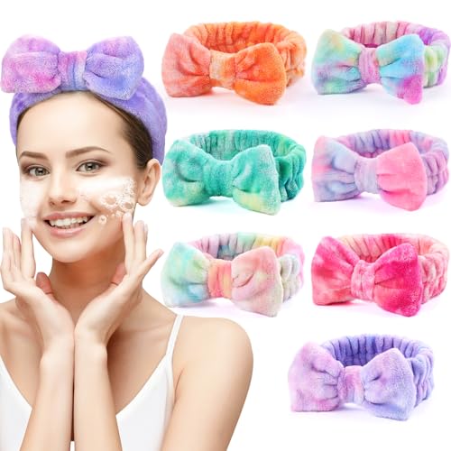 UMIKU 7 Pack Spa Headband for Women Facial Makeup Headband Coral Fleece Bow - color: Tie-dye purple,pink,orange,green,white