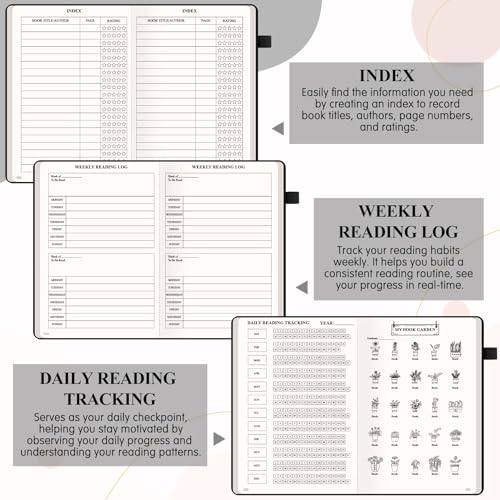 AKONEGE Reading Journal for Book Tracking - PU Leather Book Journal Reading Log with 80 Reviews for Readers, Accessories with Sticky Tabs, Pen Holder, Ribbon Bookmarks, 5.6" x 8.3", Black - color: Black