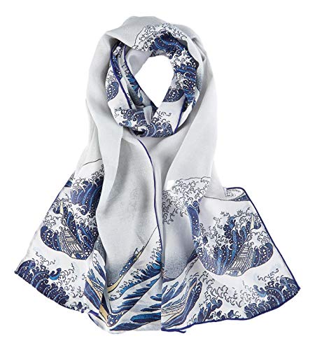 JWSilk Long Charmeuse Silk Scarf Classic Art Print - color: Great Wave Off Kanagawa