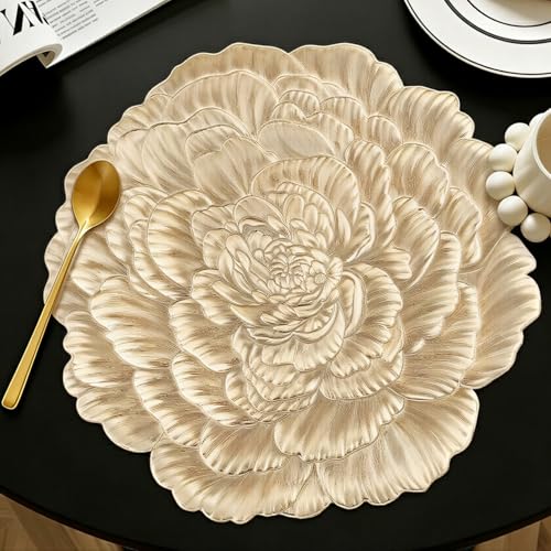 Quantum Love Set of 6 Floral Gold Penoy Placemats Vinyl Metallic 15 Inches Round Washable Place Mats Waterproof Heat Resistant Durable Table Mats for Kitchen Dining Table Decoration Indoor Outdoor - color: Gold Peony