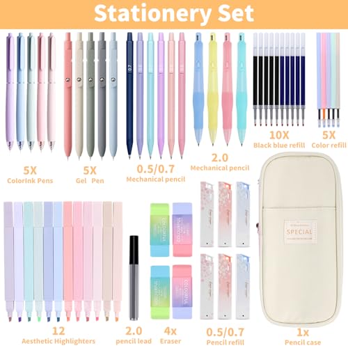 YOPCDJ 59 PCS Aesthetic School Supplies with Cute Pencil Case, Pastel Highlighters Black Ink Gel Pens Art Pencils Kit, Back to School Supplies College Essentials Preppy Stationary Set