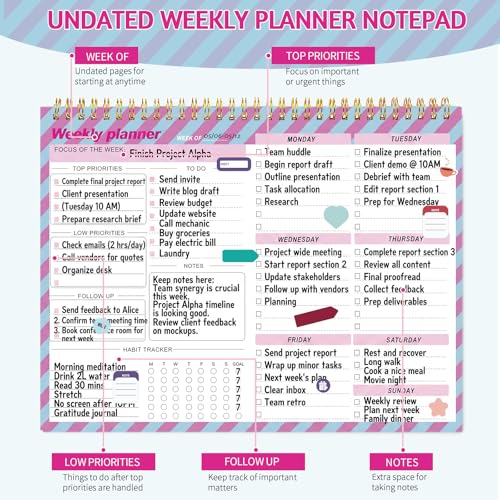 Thboxes Weekly Desk Planner, 8.5x11In To Do List Notepad, 52 Sheets, Plaid - color: Plaid Style