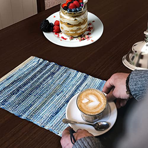 Perilla Home Natural Chindi Jute Placemats Set of 4 Vintage Boho 13x19 Inch Table Mats for Kitchen Dining Home Decor Rectangle Denim Blue Stripe Rustic Placemat