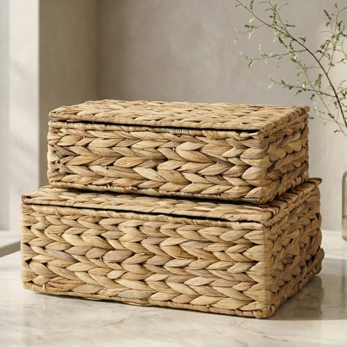 Decorative Storage Boxes with Lids - Set of 2 Wicker Organizer Shelf Bins