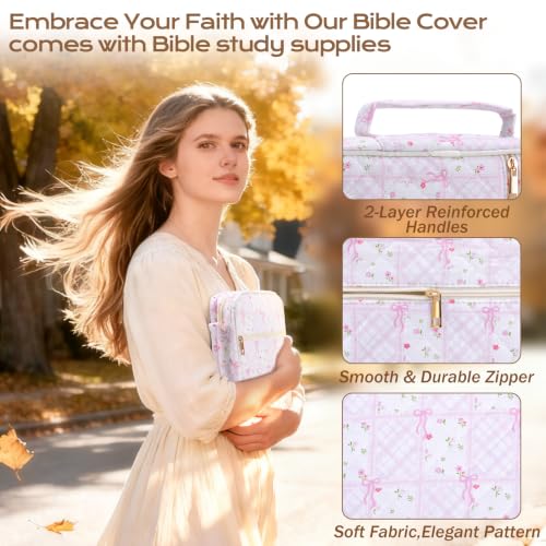 XKDOUS Bible Cover for Women Bible Bag Kit Church Book Holder Carrying Case - color: Pink Patchwork