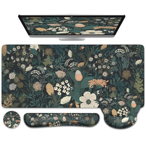 iCasso Desk Cover Mat, 4in1 Floral Large Mouse Pad with Wrist Rest - color: Cute Weeds