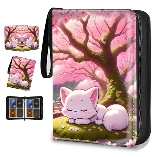 4 Pocket Trading Card Binder, Holds 400 Cards, Zipper Binder - color: Cat under the cherry tree