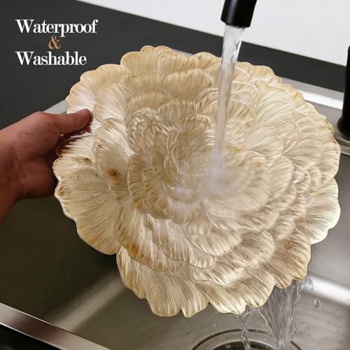 Quantum Love Set of 6 Floral Gold Penoy Placemats Vinyl Metallic 15 Inches Round Washable Place Mats Waterproof Heat Resistant Durable Table Mats for Kitchen Dining Table Decoration Indoor Outdoor - color: Gold Peony