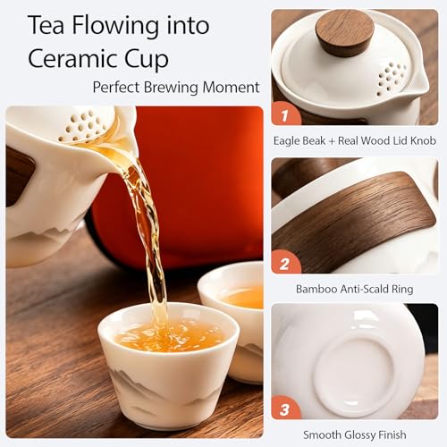 Portable Chinese Gongfu Tea Set, Travel Mini Gaiwan Teapot with Bag - color: White