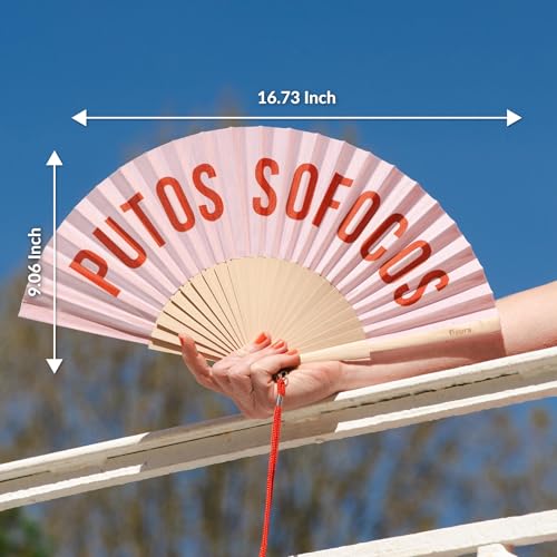 Fisura – Original folding fan with message P*tos sofocos, wooden handheld fan for women, menopause relief accessory, perfect for party, travel, or gift - color: P*tos Sofocos, Pink