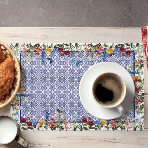 Chinoiserie Blue Floral Placemats Set of 4, Vintage Washable Heat Resistant Linen Fabric Rectangle Place Mat, Spring Summer Seasonal Table Mats for Kitchen Party Dining Table Decoration - color: Blue Flower