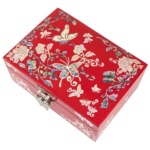 Mother of Pearl Jewelry Ring Necklace Mini Trinket Wooden Box - Inlay with Sea Shell Gifts for Women (Red) - color: Red