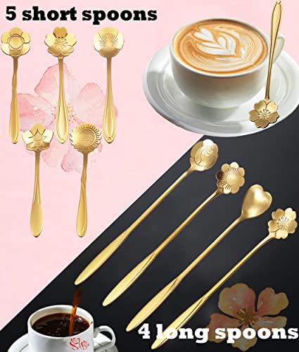 9 Pcs Flower Spoon Coffee Teaspoon, ESRISE Stainless Steel Tea Spoon(Gold) - color: Gold