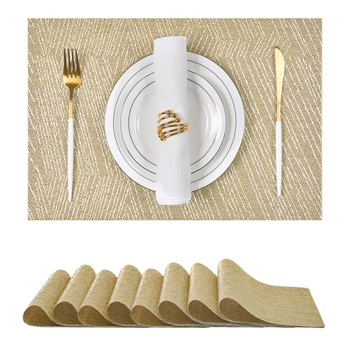 Leetaltree Gold Placemats Set of 8 - Heat Resistant Non-Slip Place mats for Dining Table, Washable Durable PVC Vinyl Woven Table Mats(Luxury Gold, 8) - color: D0- Gold Textured, size: Set of 8