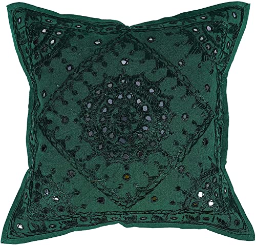 Indian Handmade Decorative Square Throw Pillow Covers Mirror Embroidery Work Thread Work Cushion Case for Sofa Bedroom Car (Size : 16 X 16 Color : Dark Green) - color: Dark Green, size: 16" x 16" (Pack of 1)