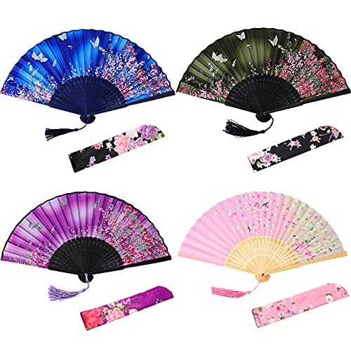Zonon 4 Pack Hand Held Folding Fans for Women Silk,Lively - style: Lively