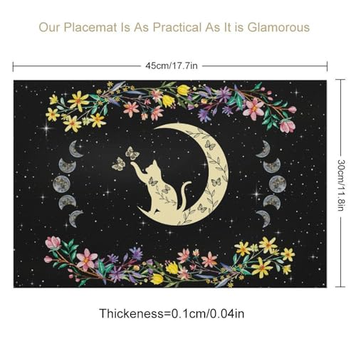 Boho Floral Placemats Set of 4, 12x18 Inch Witchy Moon Tarot Phase Gothic Cat Wild Flower Seasonal Bohemia Mystical Holiday Farmhouse Coffee Table Mats for Party Kitchen Dining Decoration - color: Pm-floral Moon03, size: 4pcs