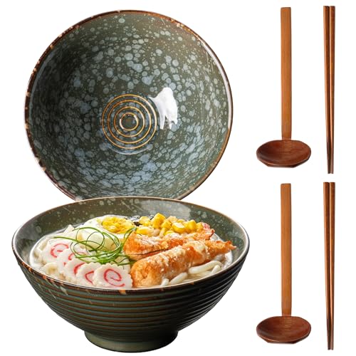 8 Inch 40oz Large Japanese Ramen Bowl Set of 2,Material Safety Ceramic Ramen Bowls with Matching Chopsticks and Spoons, Pho Bowls Ramen Noodle Bowl for Asian Udon Soup Salad Cereal(Green) - color: Green