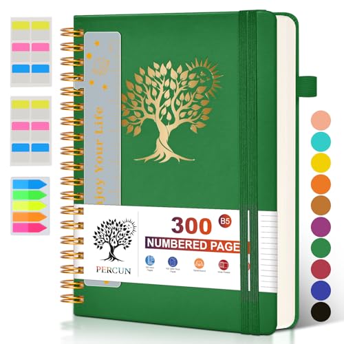 PERCUN B5 Spiral Notebook 300 Numbered Lined Pages Hardcover Journal 7"x10" - color: Green, size: B5 size (7in x 10in)