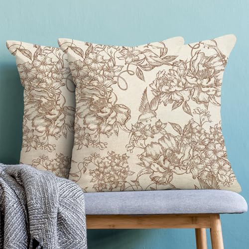 Chinoiserie Floral Pillow Covers 18x18 Pack of 2 Vintage Brown Flower Birds Throw Pillow Cover Outdoor Decor Spring Summer Floral Pillowcase Farmhouse Decorative Cushion Case for Home Couch - color: Brown-floral Bird 1, size: 18" x 18" (Pack of 2)