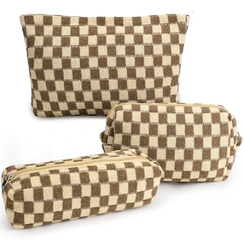EIMMBD Makeup Bag 3 Pieces Large Capacity Checkered Cosmetic Bags Travel Toiletry Bag Organizer Cute Makeup Pouch Storage for Women(Brown) - color: Brown
