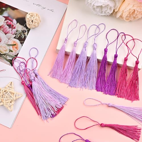 NACHLYNN 120 Pcs Bookmark Tassels Bulk 13cm/5 Inch Silky Handmade Soft Craft Mini Tassels for Jewelry Keychain Making with Loops for Dress Decoration DIY Craft Accessory (Purple Series) - color: Purple Series