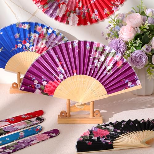 Zonon 4 Pack Hand Held Folding Fans for Women Silk,Japanese Flowers - style: Japanese Flowers