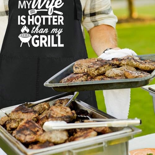 Rosoz Funny BBQ Black Chef Aprons for Men Adjustable Kitchen Cooking Aprons - color: My Wife is Hotter Than My Grill