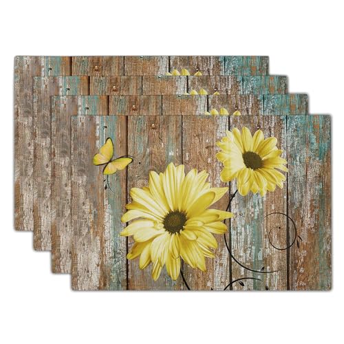 Giwawa Rustic Daisy Placemats Set of 4- Yellow Sunflowers Vintage Wood Board Linen Place Mat- Farmhouse Wooden Floral Non Slip Heat Resistant Table Mats for Kitchen Dining Cabin Lodge Decor - color: Daisy Yellow