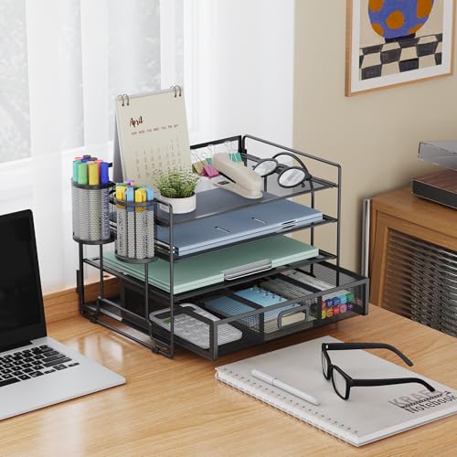 Marbrasse Desk Organizer, 4-Tier Paper File Letter Tray, Black - color: Black With Pen Holder