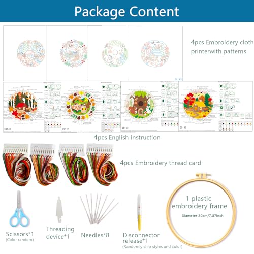 Zhenqing 4-Piece Autumn Embroidery Kit for Beginners, Fall Cabin Squirrel Treehouse Pumpkin Needlework Set with Pre-Printed Fabric, Hoop & Threads (C0167) - color: Autumn Woodland Collection