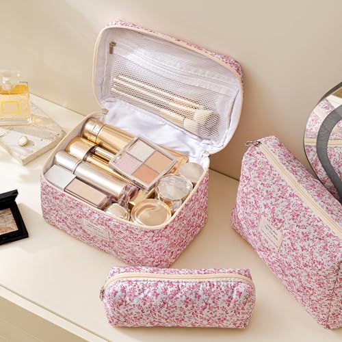 HBselect Quilted Makeup Bag, 3Pcs Cotton Large Travel Makeup Bags Organizer - color: A-3PCS-Floral 20