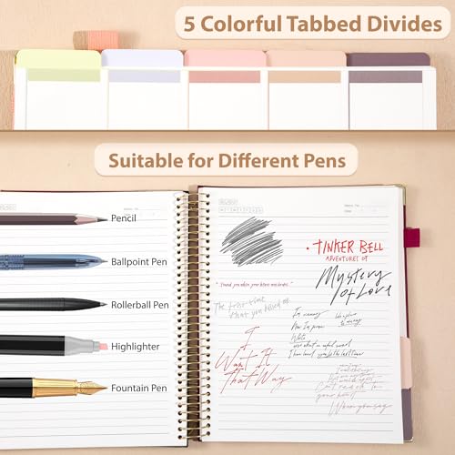 Yoment Hardcover Spiral Notebook 8.5" x 11" 5 Subject Notebook with Tabs - color: Burgundy