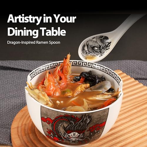 Hagary Ceramic Spoon Soup Spoons Asian Soup Spoon Chinese Korean Japanese Ramen Spoons Set of 4 with Hole 6.2 Inch (Black - Dragon New) - color: Black - Dragon New