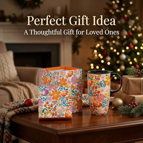 Topadorn 17oz Ceramic Travel Mug with Lid, Colorful Floral Coffee Mug - color: Spring at Garden