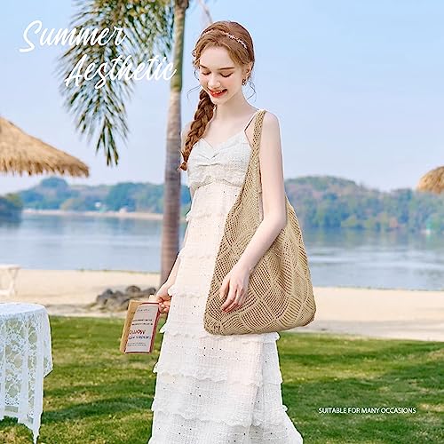 hatisan Crochet Bag for Women, Handmade Knit Beach Tote Bag Summer - color: A-khaki