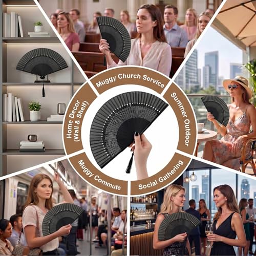 Japanese Folding Hand Fan for Women - Bamboo Silk Handheld Foldable Fan with Tassel & Pouch for Hot Flashes, Rave, Church, Gift,Wedding - Whisper-Quiet, Purse Size (Bamboo Black) - color: Bamboo Black