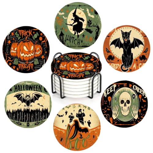 Nikyi 6 Pcs Halloween Vintage Pumpkin Ceramic Coasters, Round Absorbent Drink Coaster with Metal Holder and Cork Base, Ghost Skull Scary Cat Coaster for Coffee Table Kitchen Office Home Decor Gifts - color: Halloween Vintage Pumpkin Scary Cat