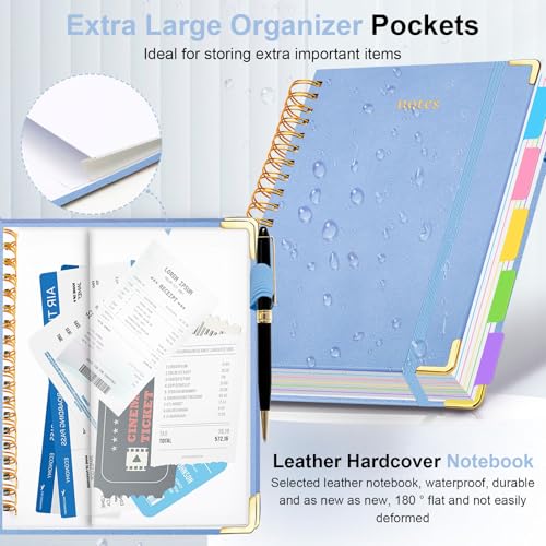 Hardcover Spiral Notebook 6.2"x 8.2" Journal Notebook with Tabs and Removable Dividers 300 Pages 5 Subject Notebook College Ruled, Faux Leather Spiral Bound Notebook for Women School Work(Lake Blue) - color: Lake Blue, size: 6.2"x8.2"(A5)