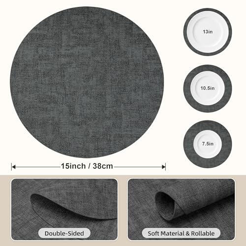 Placemats Set of 6, 15 Inch Round Faux Leather Place Mats - color: R-drak Grey