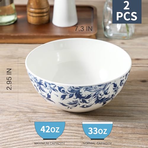 Blue Serving Bowls Set of 2, 42 oz Large Soup Bowl, Ceramic Pho Bowls for Cereal Salad Ramen Pasta Fruit, Blue and White bowls for Entertaining, Microwave Dishwasher Safe, Vintage - color: white 3