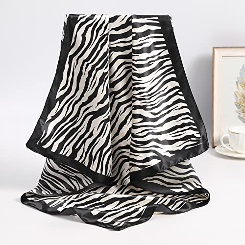 AWAYTR 2-Pack 35" Silk-Like Satin Head Scarves for Women, Square Bandanas - color: Zebra Stripes (White + Brown)