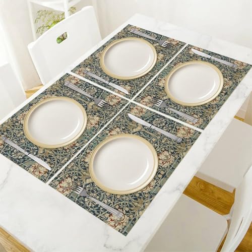 Retro Floral Placemats,Vintage Rustic French William Morris Art Fritillary Floral Table Mats 4 Pcs Non-Slip Heat Resistant Dining Room Tabletop Decor for Seasonal Outdoor Party,12x18 Inch - color: Retro Floral, size: 12x18"Placemats x4