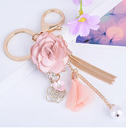Flower Tassel Keychain Pearl Car Keyring Holder Purse Handbag Pendant - color: Pink