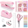 Pink Desk Accessories, Pink Office Supplies Accessories with Tape Dispenser, Stapler, Staple Remover, 1000 Staples, Tape, Clips Set, Ruler, Scissor, Pen - color: Pink