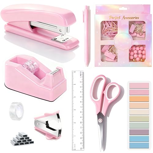 Pink Desk Accessories, Pink Office Supplies Accessories with Tape Dispenser, Stapler, Staple Remover, 1000 Staples, Tape, Clips Set, Ruler, Scissor, Pen - color: Pink