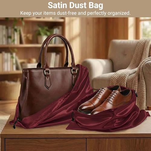 Q&J Fabric Co. 6 Pack Satin Dust Bags for Purses and Handbags - Purse Storage Organizer with Drawstring, Dustproof Travel Storage Pouches for Handbags, Shoes, Boots & Clothes (15.7"x19.7", Burgundy) - color: Burgundy, size: 15.7"x19.7"