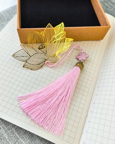 Lotus Bookmark Metal for Women Reading with Pink Tassels Chinese Book Mark - color: Pink