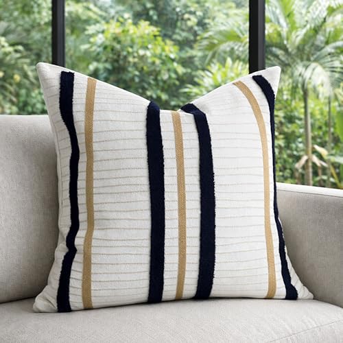 AYAY Decorative Velvet Throw Pillow Cover 18x18 Inch – Off White with Black & Beige Embroidered Modern Stripe Design, Minimalist Neutral Accent Cushion, Hidden Zipper, Cover Only - color: Modern Black and Beige