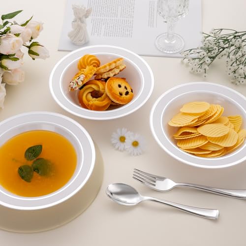 realluck 100pc Deep Bowl With White Background And Double Silver Edges - color: Silver, size: 100Pack